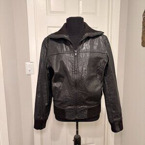 Roccobaroco Black Leather Jacket Bomber with Wool Trim, Sz 36